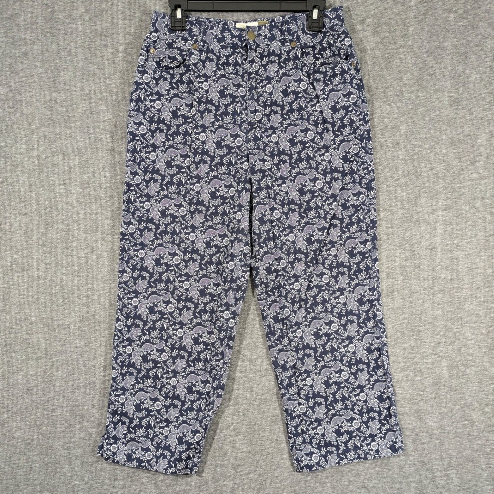 Evan Picone Twill Pants Navy Blue White Floral Paisley Cotton Straight Womens 8